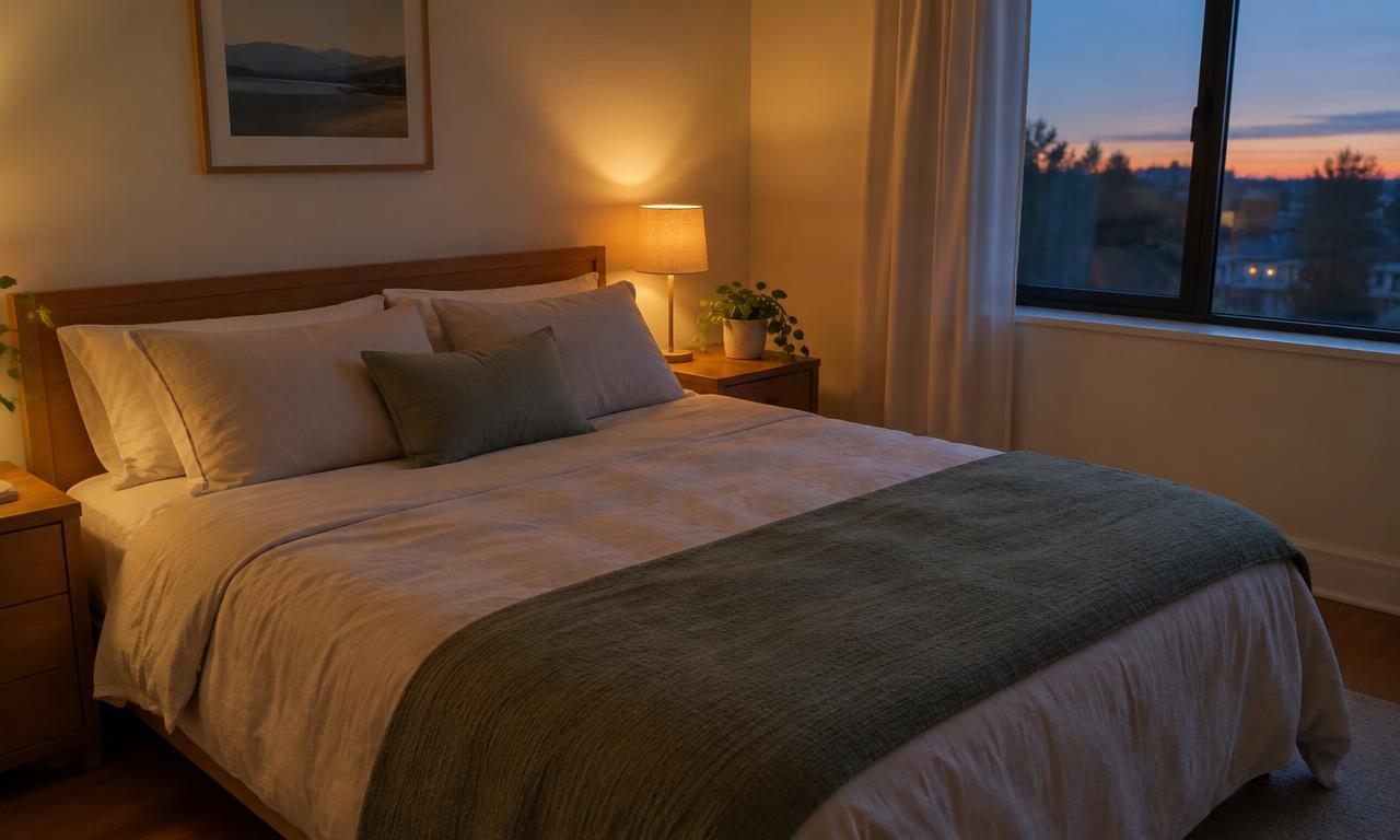 Draps propres, lampe douce, pièce aérée : un cadre qui invite au repos.